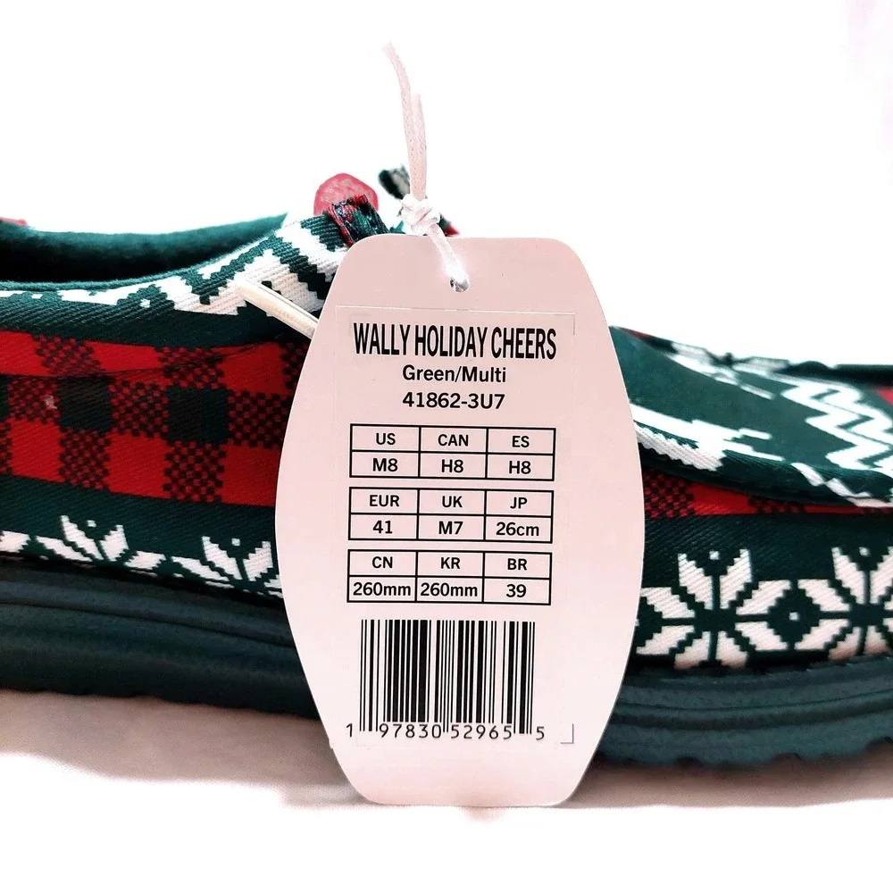 NEW Hey Dude Wally Holiday‎ Cheers Moccasin Shoes Men US 8 Green Plaid Reindeer